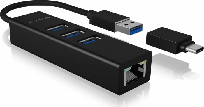 Hub USB + kartelë rrjeti LAN ICYBOX IB-HUB1419-LAN, 3x USB-A 3.0, Gigabit RJ-45, USB-A/USB-C, e zezë