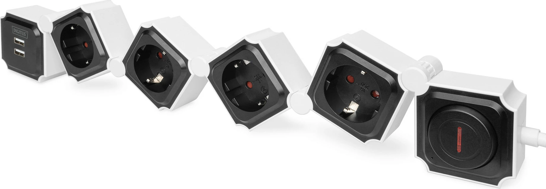 Shirit prizash Digitus 4x Schuko + 2x USB, kabllo 1.6 m, me ndërprerës, bardhë/zi