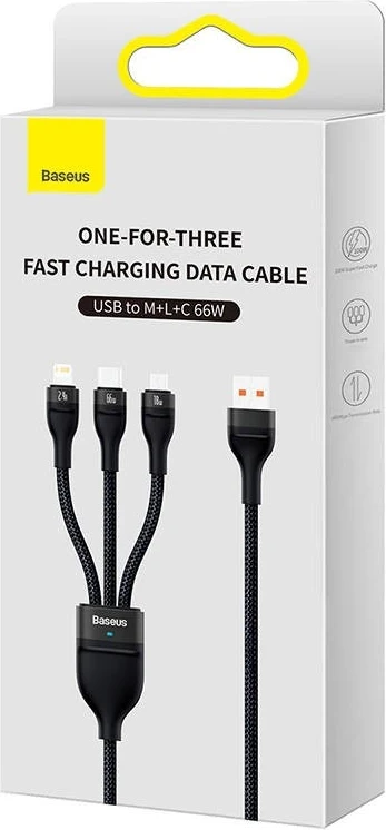 Kabllo Baseus 3w1 Flash II, USB-C + micro USB + Lightning, 66W, 1.2m, e zezë