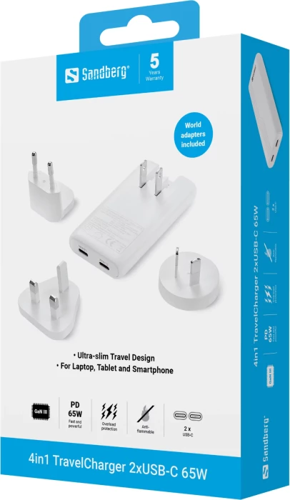 Karikues udhëtimi Sandberg 4in1 TravelCharger 2x USB-C 65W GaN III, i bardhë, me adaptera EU/UK/AU