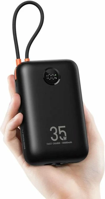 Powerbank VEGER W3018 30000mAh 35W me kabllo të integrume (USB-C/Lightning), e zezë