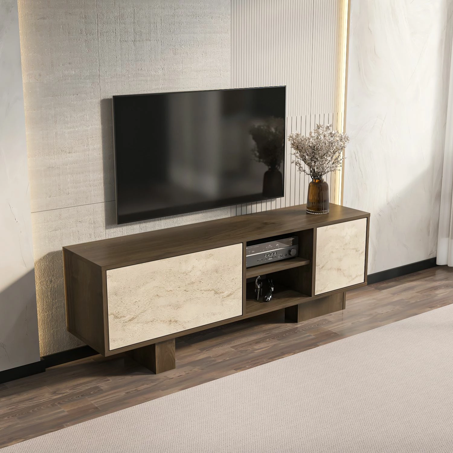 Komodë TV Skye Decor, ngjyrë arre, travertin