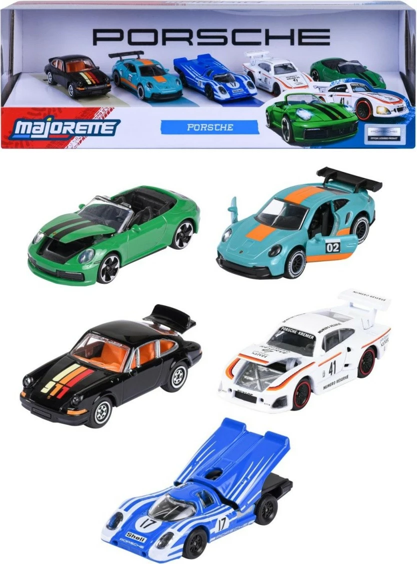 Set vetura lodër Majorette Porsche, 5 copë, shumëngjyrëshe