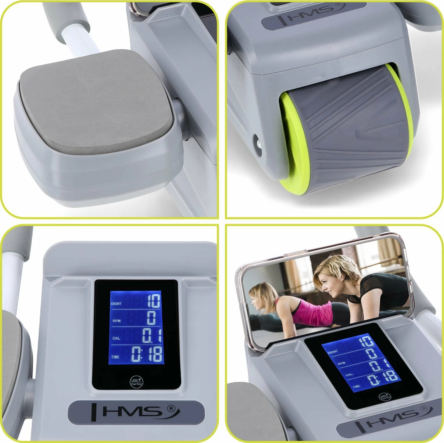 Rrotë abdominale automatike HMS KA08, ekran LCD, karikim USB-C, me jastëk gjuri, gri