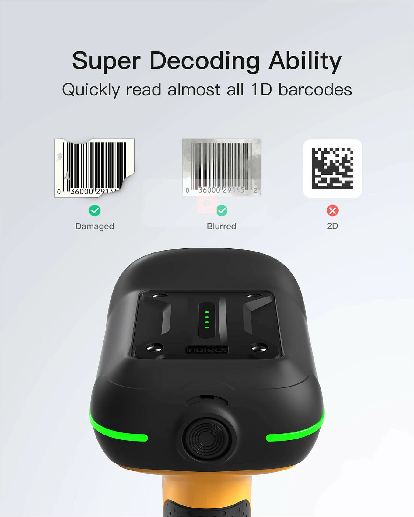 Skaner barkodesh Inateck BCST-61, 1D, Bluetooth/2.4G/USB, IP67, 2600mAh, zi/verdhë