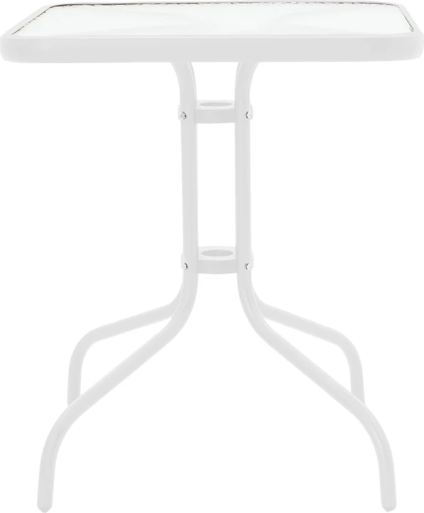 Tavolinë metalike e bardhë me sipërfaqe qelqi, 70x70x70 cm