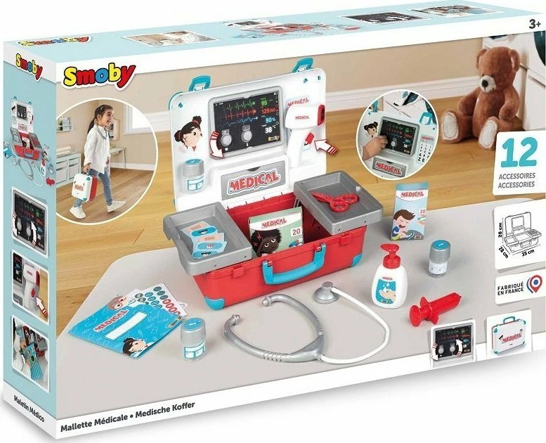 Çantë mjeku lodër Smoby Medical, set 12 pjesë, e kuqe/bardhë/bojëqielli