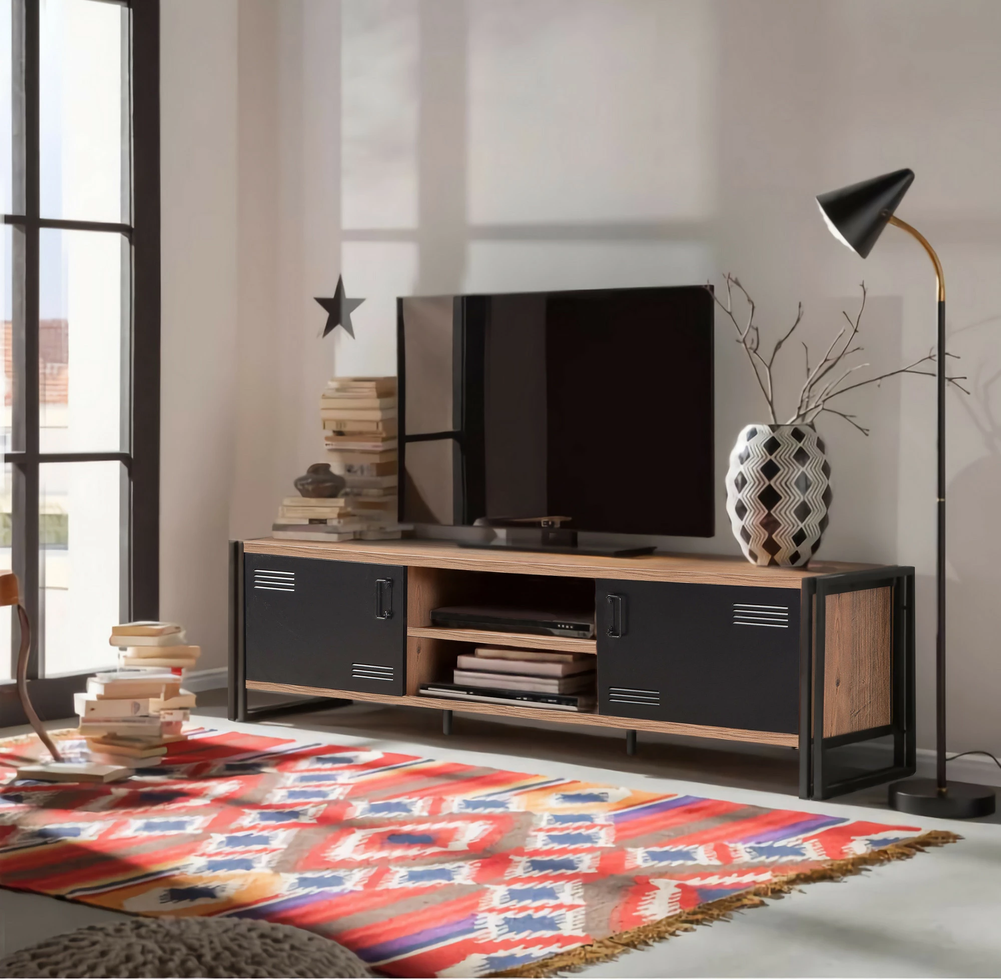 Komodë TV Skye Decor, Cosmo Rex, ngjyrë pishë Atlantike dhe e zezë