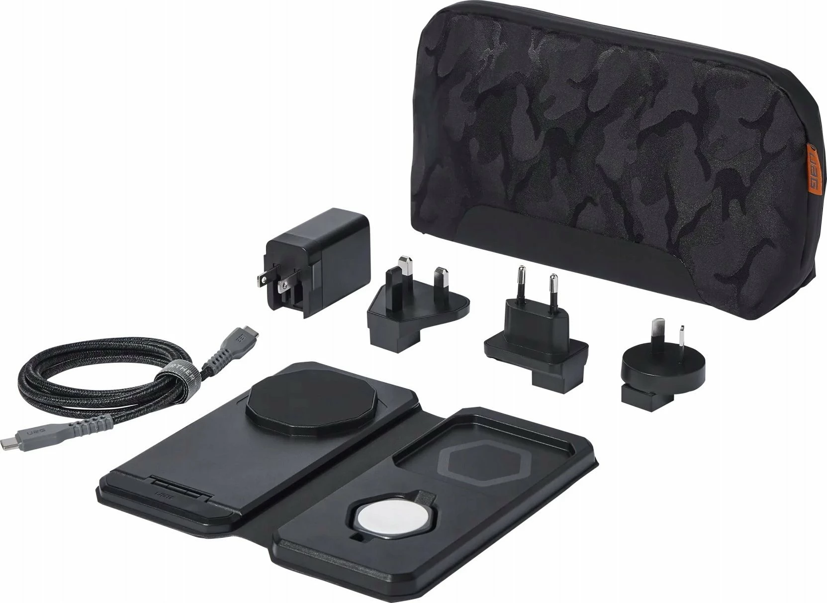 Karikues udhëtimi 3-në-1 induktiv Mophie UAG 3in1 Travel Charger 15W USB-C (9B4412114030), i zi, set me adaptera dhe çantë