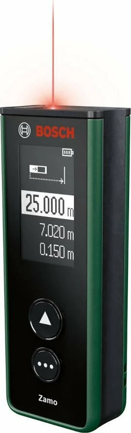 Matës distancash me lazer Bosch Zamo IV UNI 25m IP54 memorie 10 matje, zi/jeshile, set me 3 adaptera