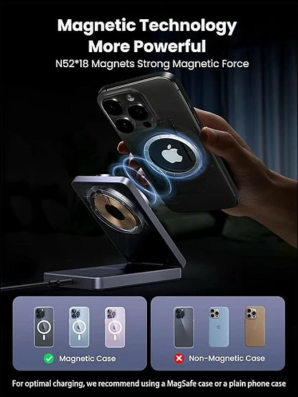 Karikues wireless magnetik Ugreen W528 2-në-1, Qi, i palosshëm, gri