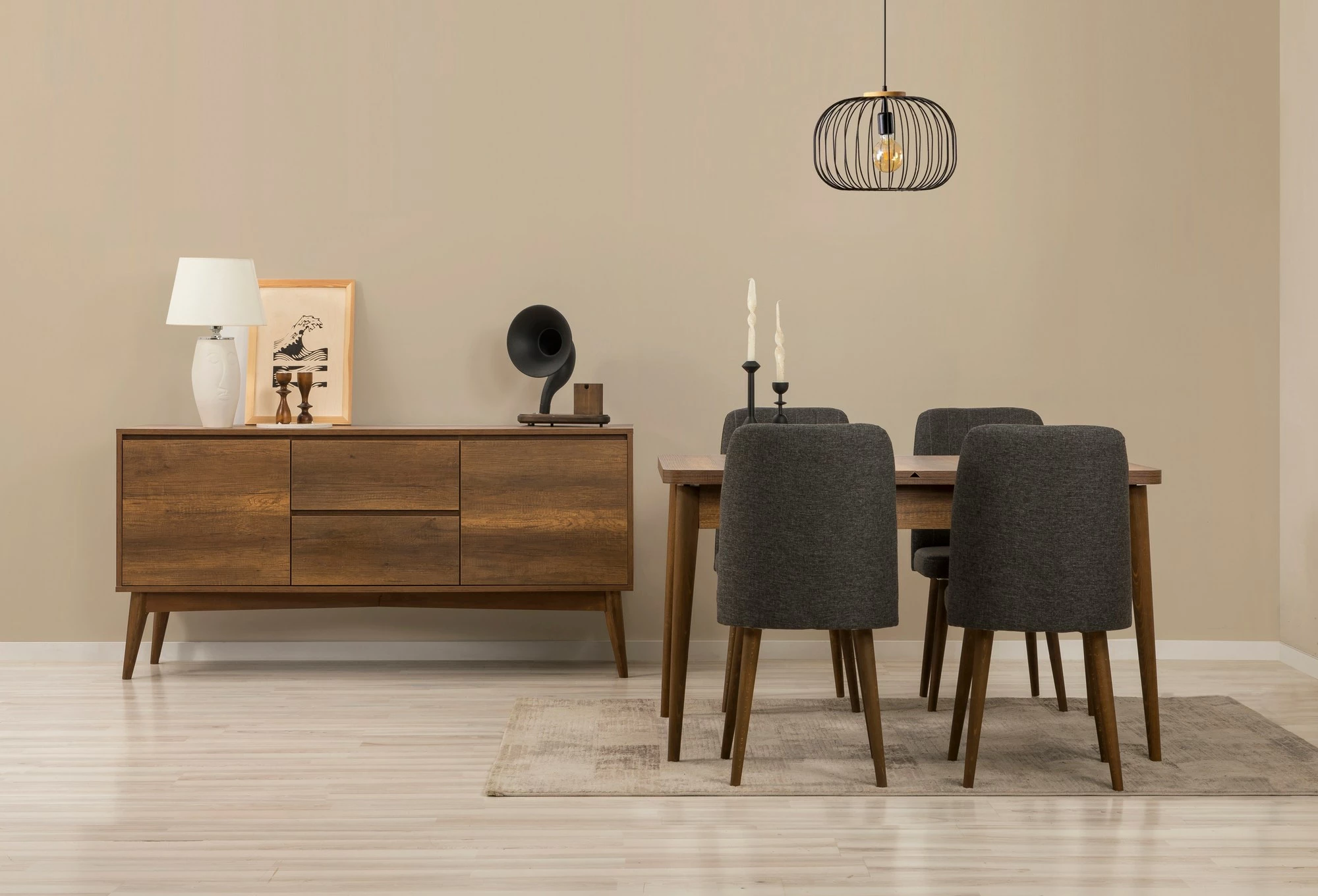 Set tavolinë me karrige dhe konsol, zgjatues, 6 pjesë, ngjyrë arrë dhe antracit, Vina 01 1053