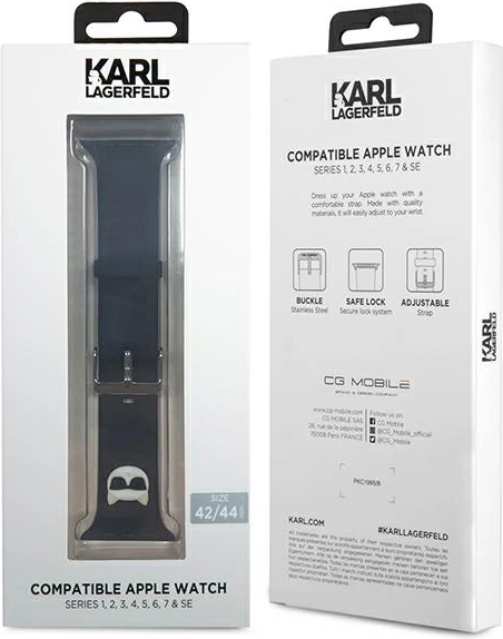 Rrip silikoni për Apple Watch Karl Lagerfeld KLAWLSLCK Choupette Heads, i zi, 42/44/45mm