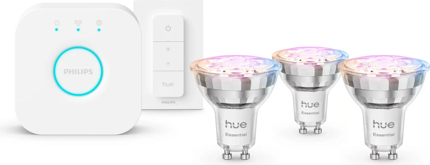 Set ndriçimi i mençur Philips Hue Essential GU10 3 llamba + Switch + Bridge V2