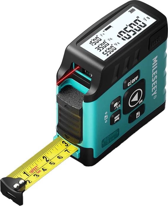 Matës distance me laser Mileseey DT20, laser 0.2-40 m + shirit matës 5 m, ekran LCD me ndriçim, turkez/zezë