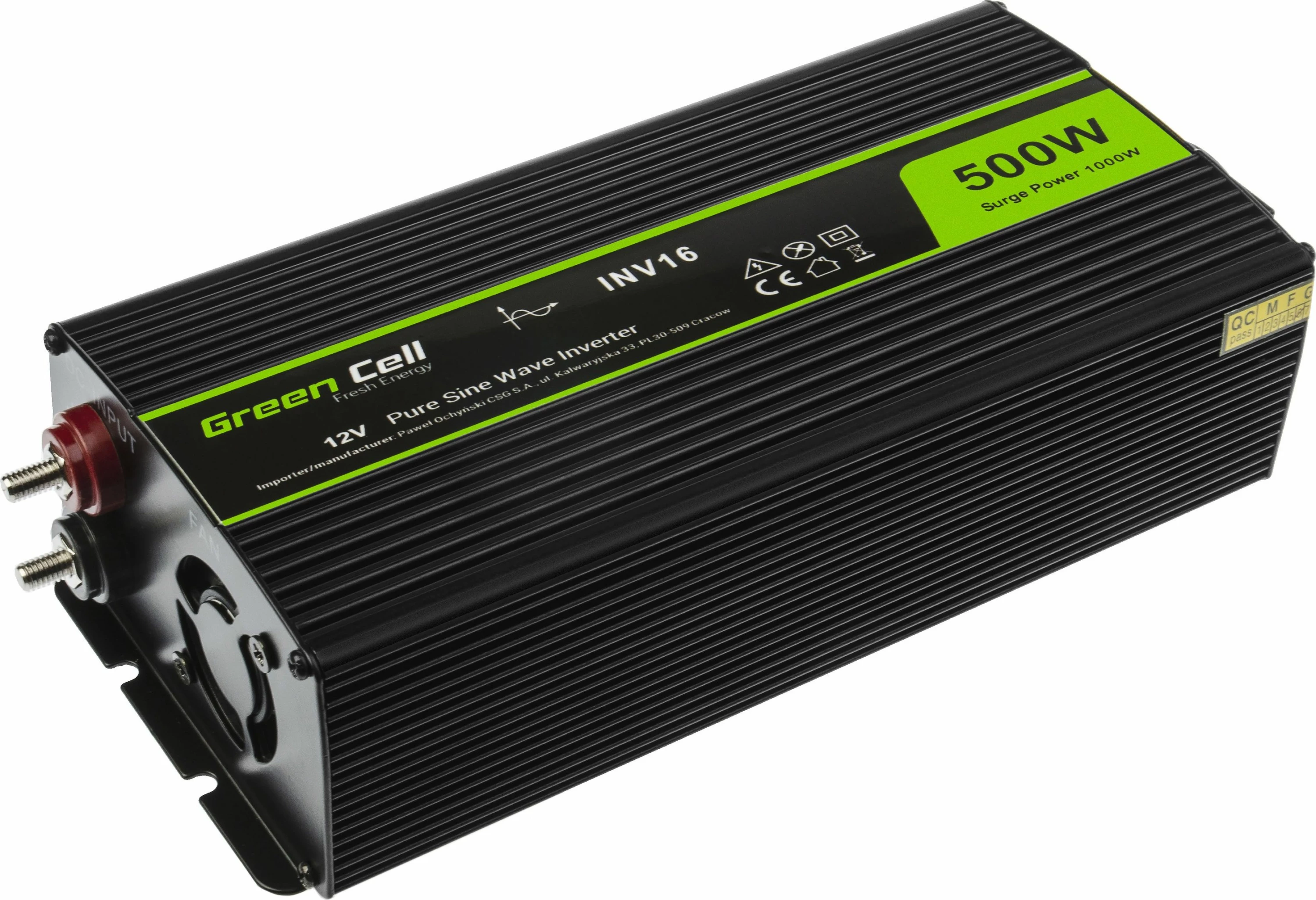 Invertor Green Cell INV16 12V/230V 500W sinus i pastër, i zi