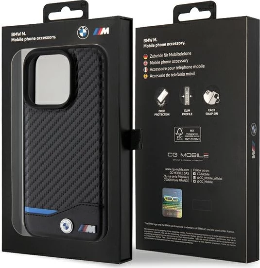 Mbështjellës BMW Leather Carbon MagSafe për iPhone 15 Pro, i zi