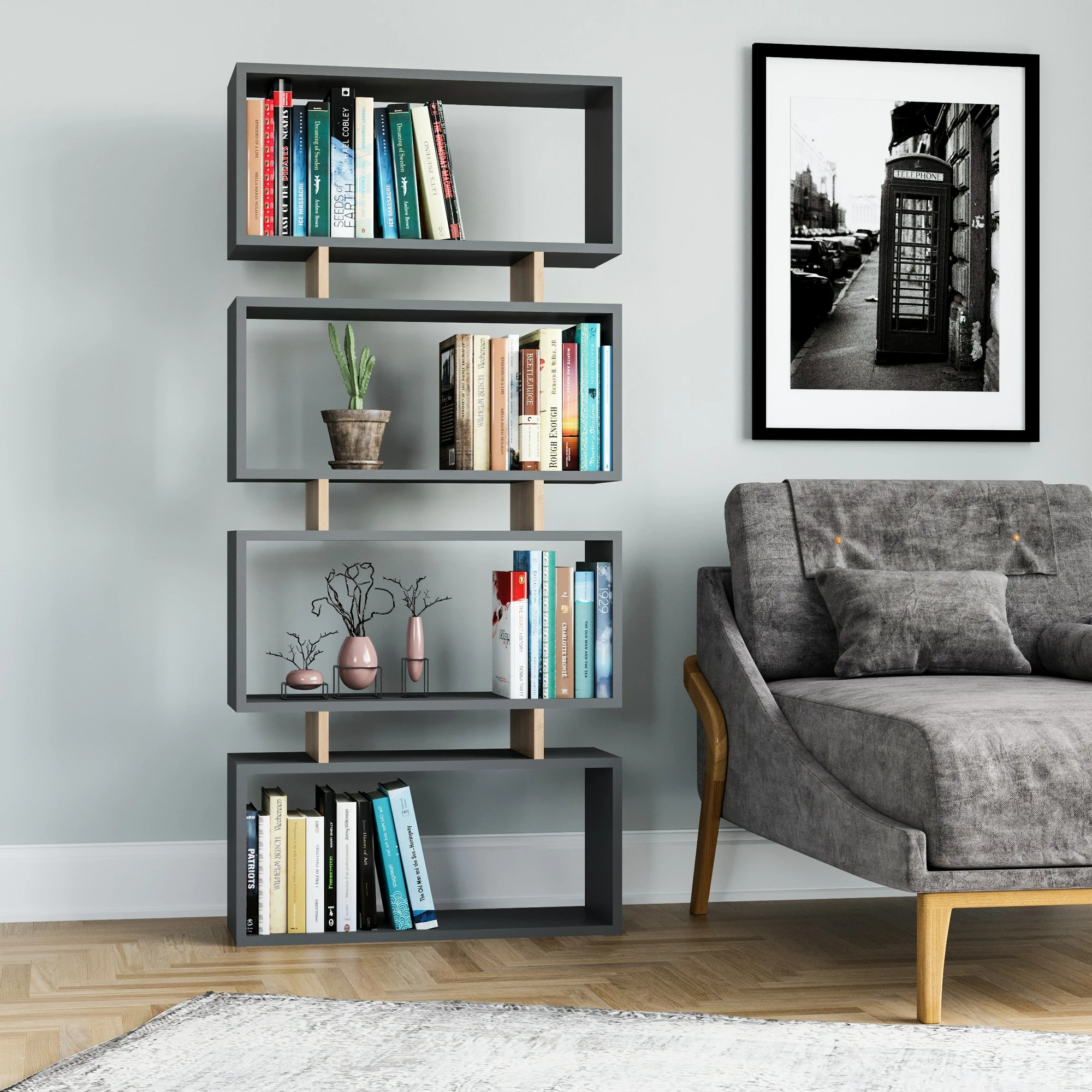 Raft librash Skye Decor, ngjyrë antracit dhe lis, Langdon