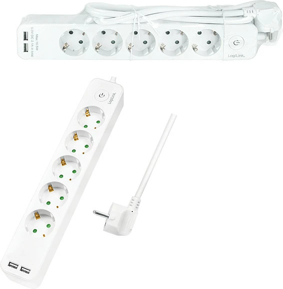 Zgjatues rryme LogiLink 5-prizë, 1.5m, 2xUSB 5V/2.1A max, i bardhë