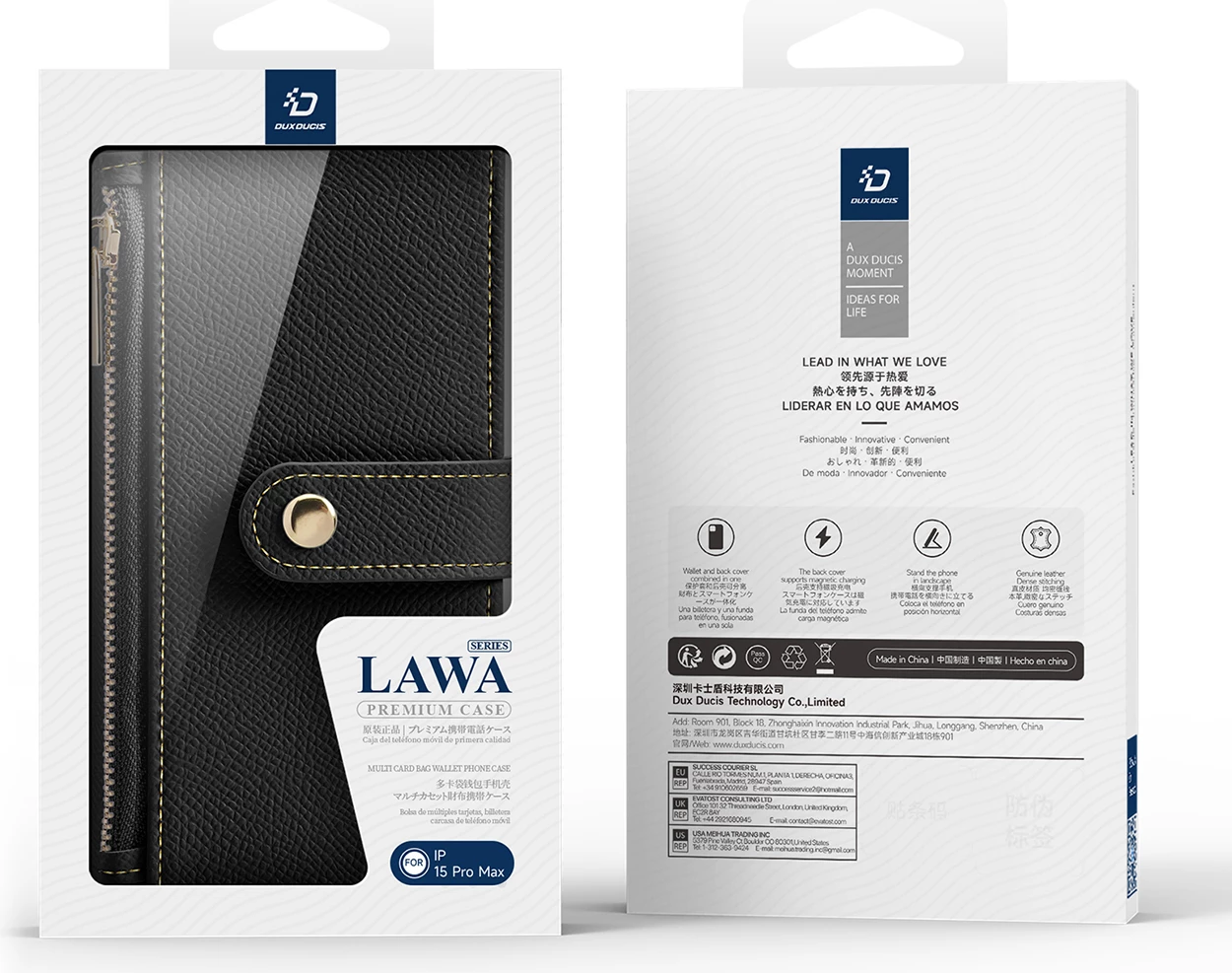 Mbështjellës Dux Ducis Lawa për iPhone 15 Pro Max, lëkurë, me portofol magnetik, i zi