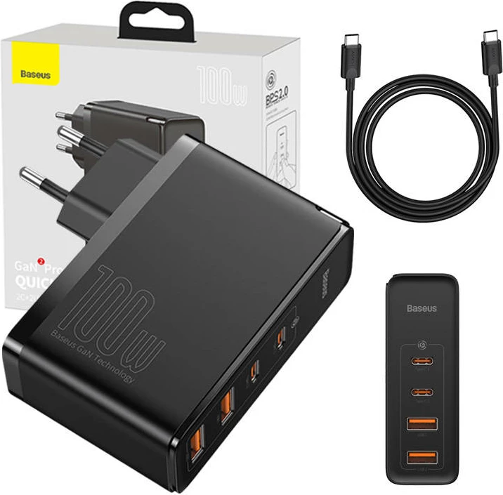 Karikues udhëtimi Baseus GaN2 Pro, 100W, 2x USB-C + 2x USB-A, i zi