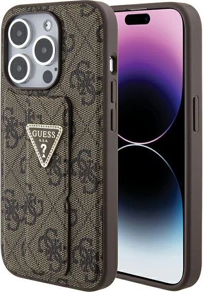 Mbështjellës Guess Grip Stand 4G Triangle Strass për iPhone 15 Pro, kafe