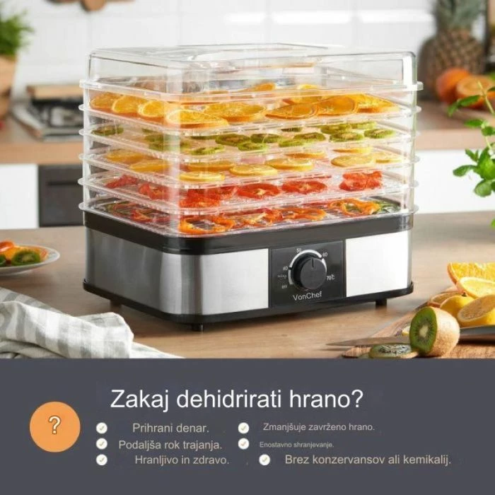 Dehidratues ushqimi VonShef 2013381 DEHYDRA 5-katësh 250W 40–70°C, argjendtë/zi