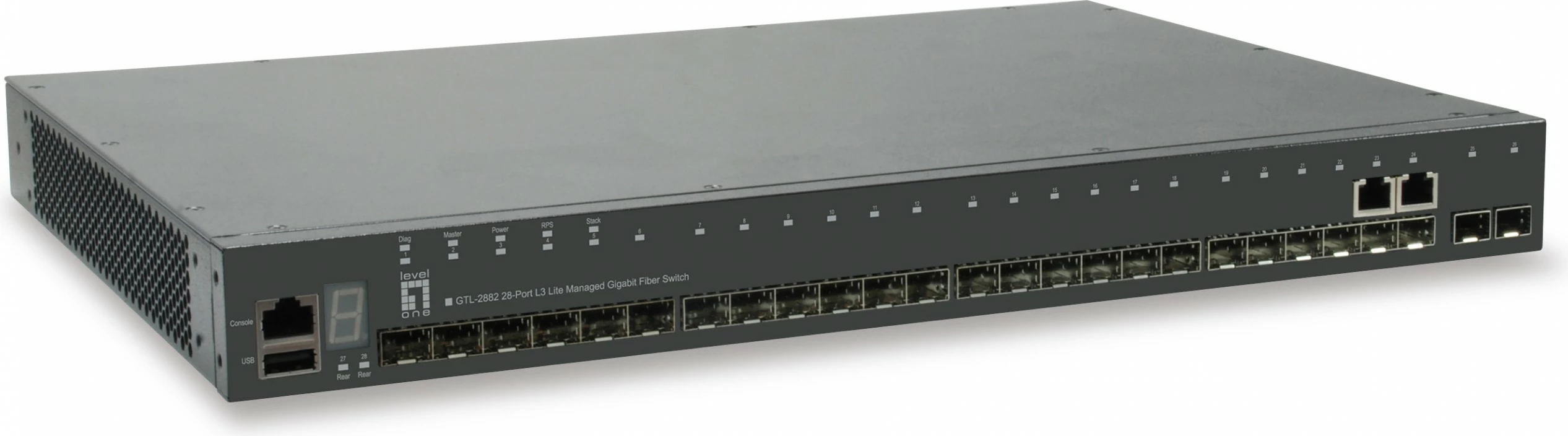 Switch LevelOne KILBY 28-Port Stackable L3 Lite Managed Gigabit Fiber Optic, 2 x Gigabit SFP/RJ45 Combo, 2 x 10GbE SFP+, 1 x 10GbE Module Slot, i menaxhuar, L3, Full duplex, montim në rack