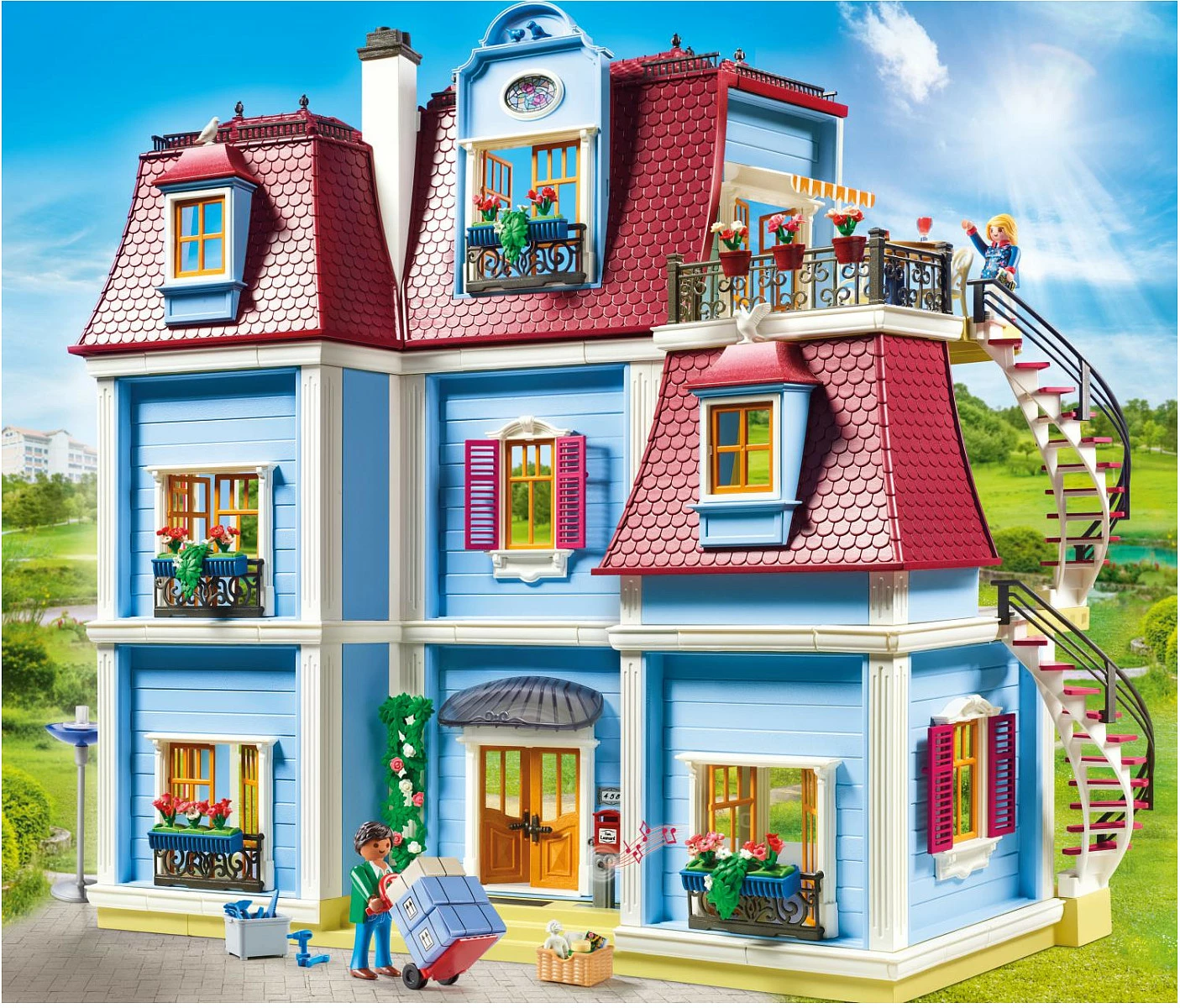 Shtëpi kukullash Playmobil Dollhouse 70205, 592 pjesë, blu/kuqe
