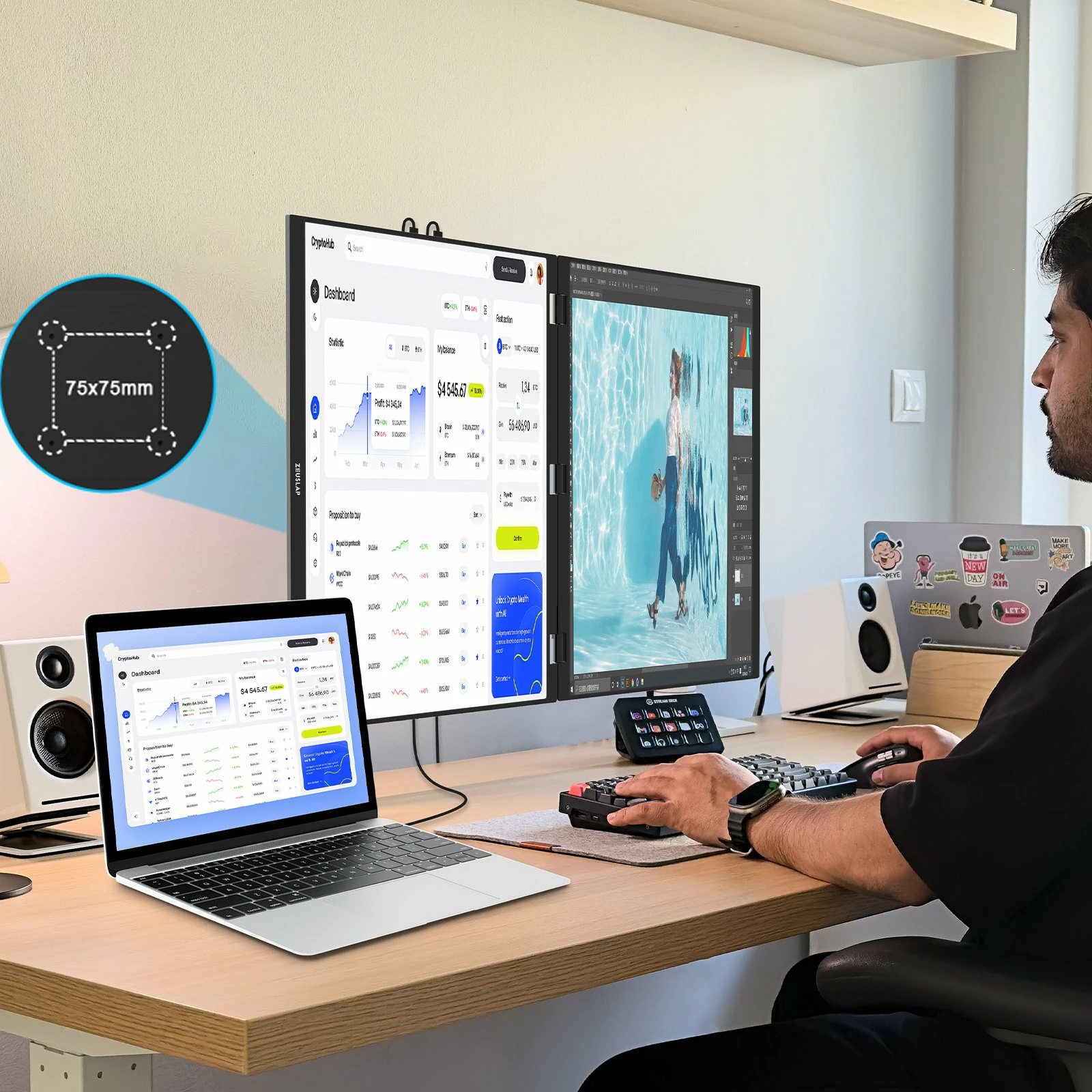 Monitor portativ Zeuslap Z18W, dy ekrane 18.5\" FHD IPS 120Hz, USB-C, i zi, set