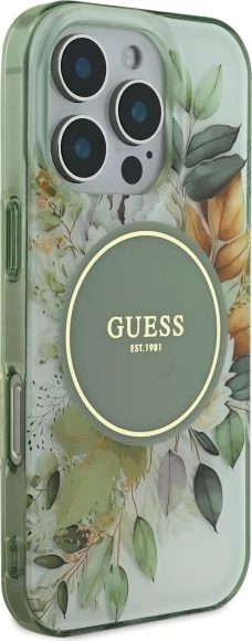 Mbështjellës Guess IML Flower & Tonal Circle MagSafe për iPhone 16 Pro, i gjelbër