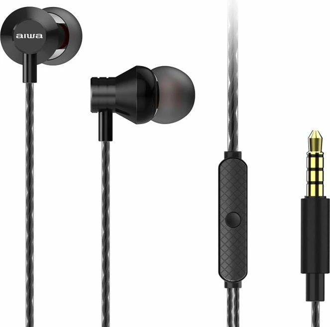 Kufje me kabllo Aiwa ESTM-50BK, in-ear, jack 3.5mm, me mikrofon, 1.2 m, të zeza, set me 3 palë maja silikoni S/M/L