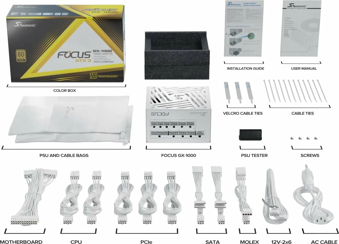 Furnizues rryme SeaSonic Focus GX FOCUS-GX-1000-V4 1000W ATX 3.1 80 Plus Gold fully modular, i bardhë