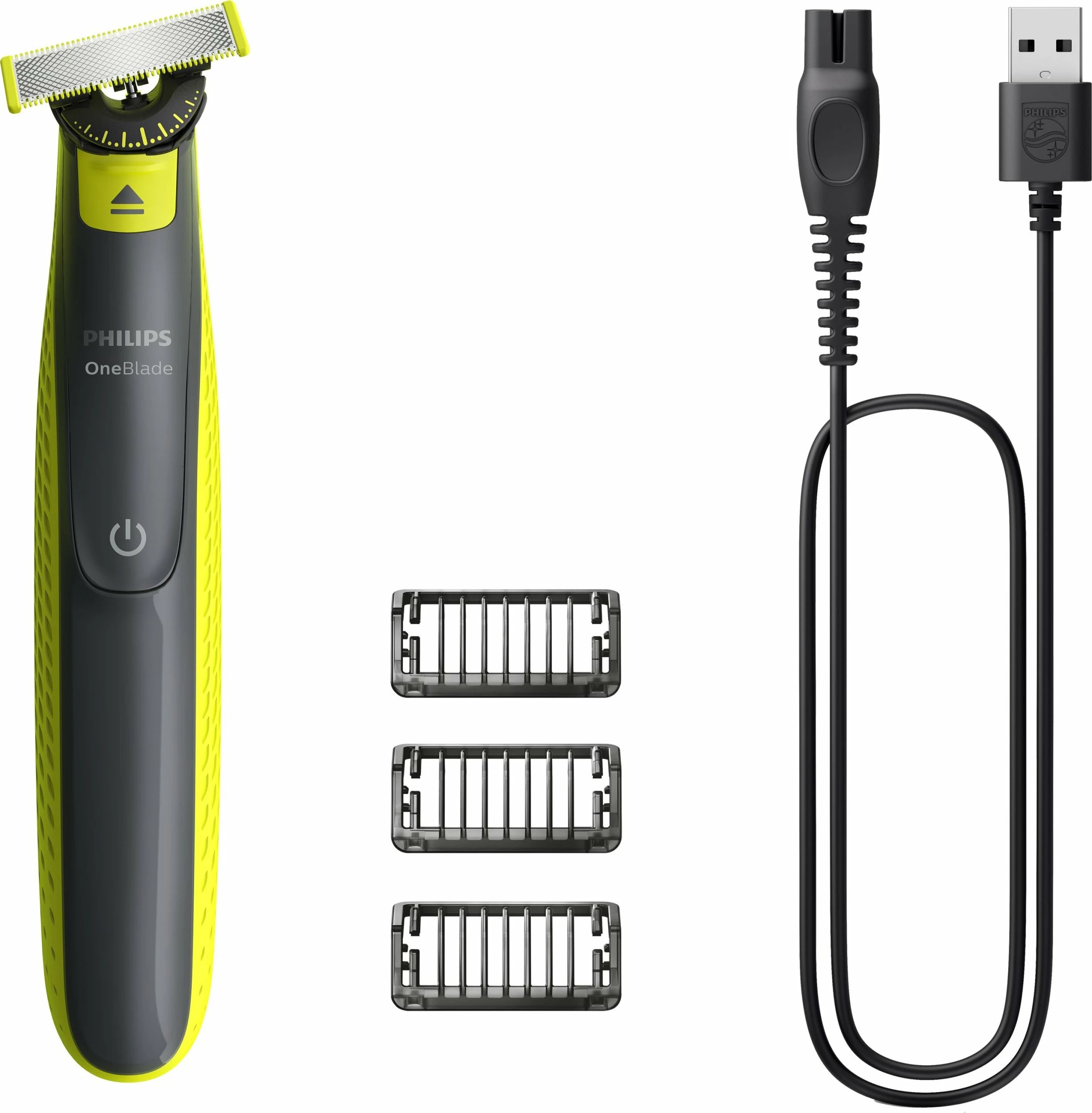 Makinë rroje Philips OneBlade 360 QP2724/23, me trimmer, 3 krehra 1/3/5 mm, IPX7, 45 min, Grafit/Verdhë, set 3 krehra + kabllo karikimi