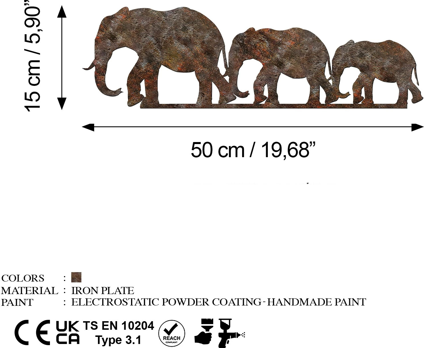 Aksesor dekorativ metalik për mur, elefantë, ngjyrë antike, Wallity