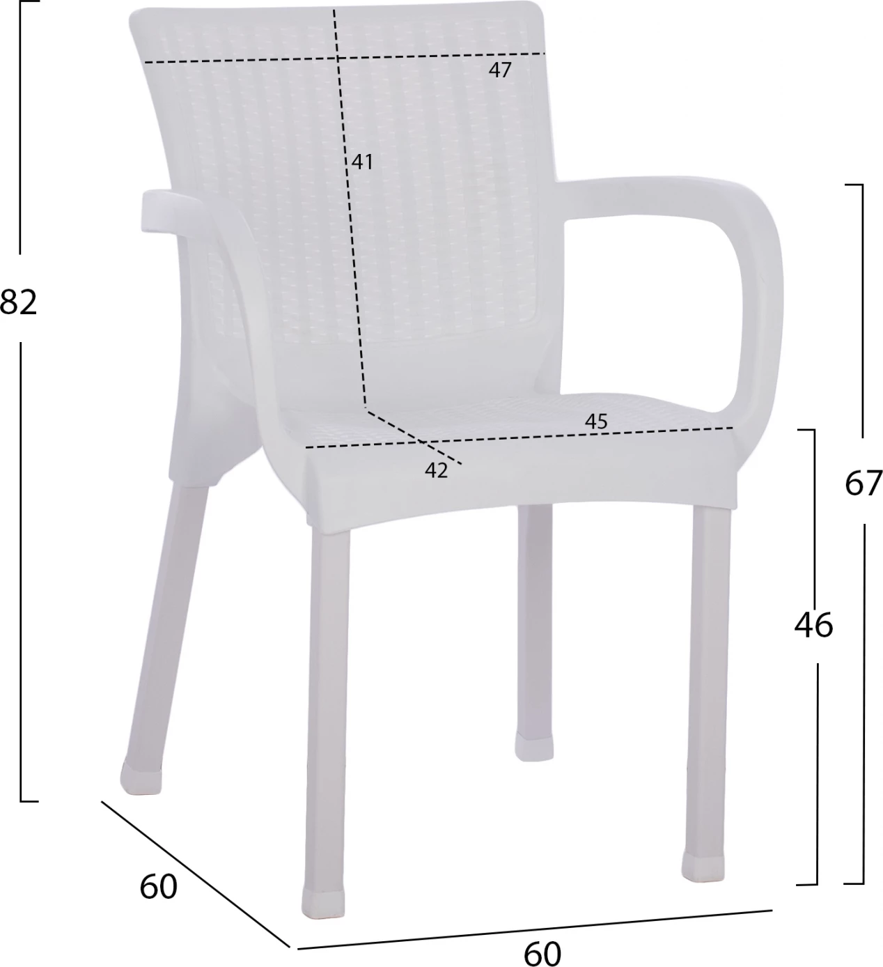 Karrige e bardhë polipropileni rattan, këmbë alumini, FH5591.01, 60x60x82 cm