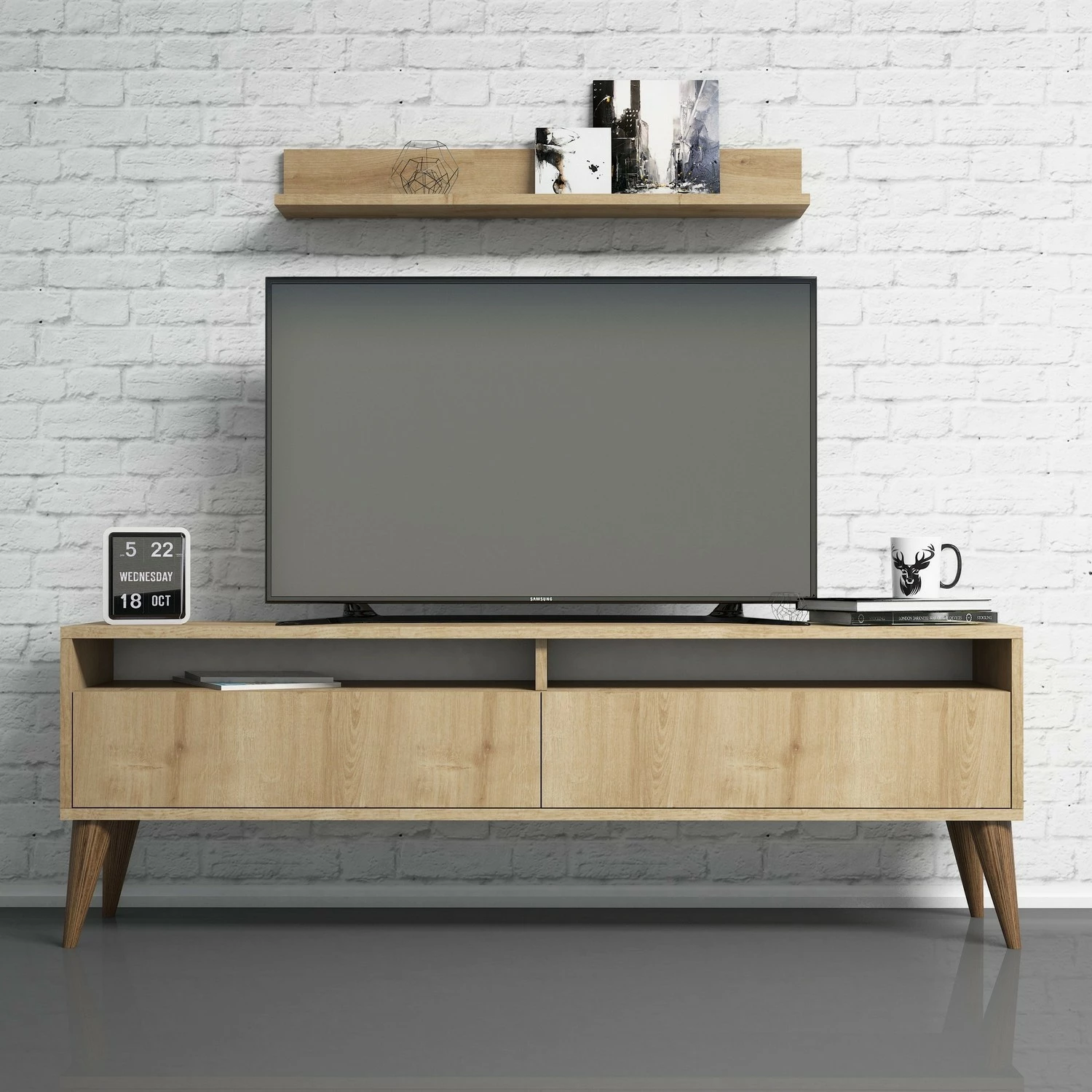 Set komodë TV me raft muri, ngjyrë lisi, Hanah Home, Best