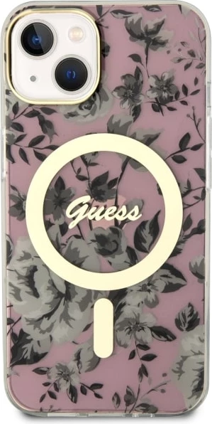 Mbështjellës Guess GUHMP14MHCFWSP për iPhone 14 Plus 6.7", MagSafe, lule, rozë