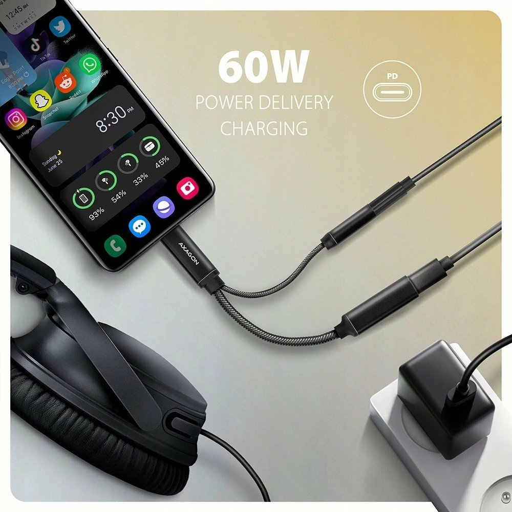 Adapter USB-C Axagon ADA-HCPD, Jack 3.5mm + USB-C PD 60W, i zi