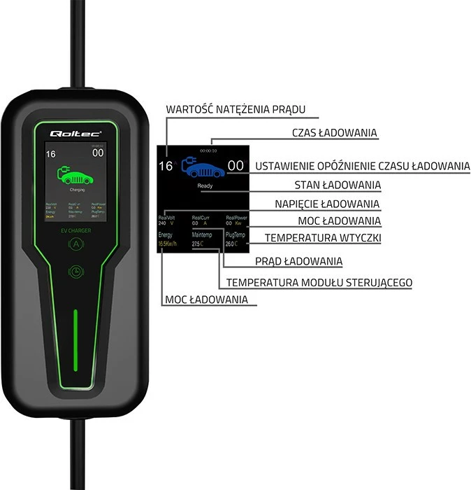 Karikues portativ për vetura elektrike Qoltec 52465, Type 2, 3.5kW, 5m, i zi/gjelbër
