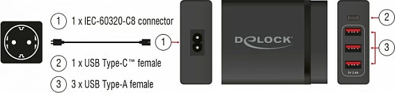 Karikues muri DeLOCK 63974, USB-C PD 60W + 3x USB-A, kabllo 1.2 m, i zi
