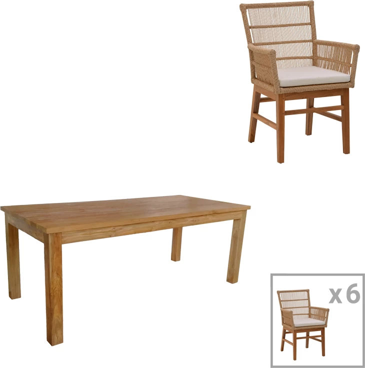 Tavolinë me karrige Inca-Wooly set prej 7 copash, hije natyrale-bezhë 220x90x75cm