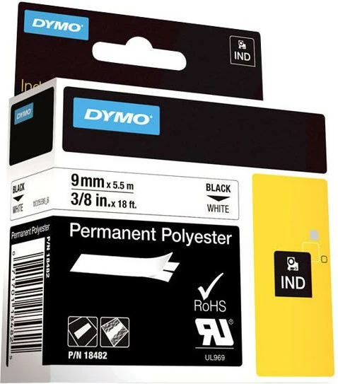 Shirit etiketimi Dymo Rhino Industrial S0718240 (18482) 9mm x 5.5m poliester i përhershëm, zi mbi të bardhë