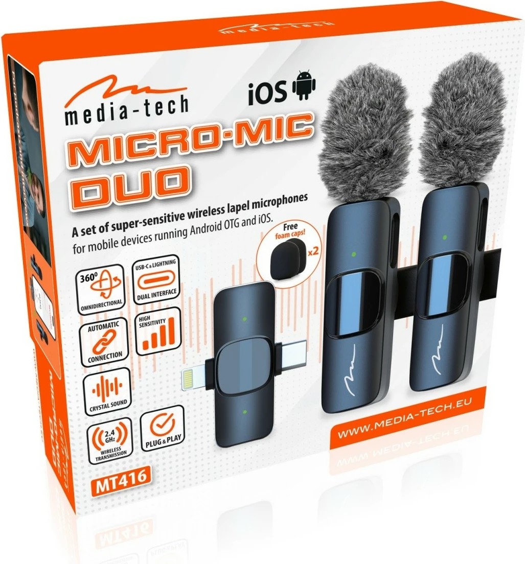 Set mikrofon lavalier pa tel, Media-Tech Micro-Mic Duo MT416, 2 mikrofona me reduktim zhurme, marrës USB‑C/Lightning, deri 35 m, anthracite