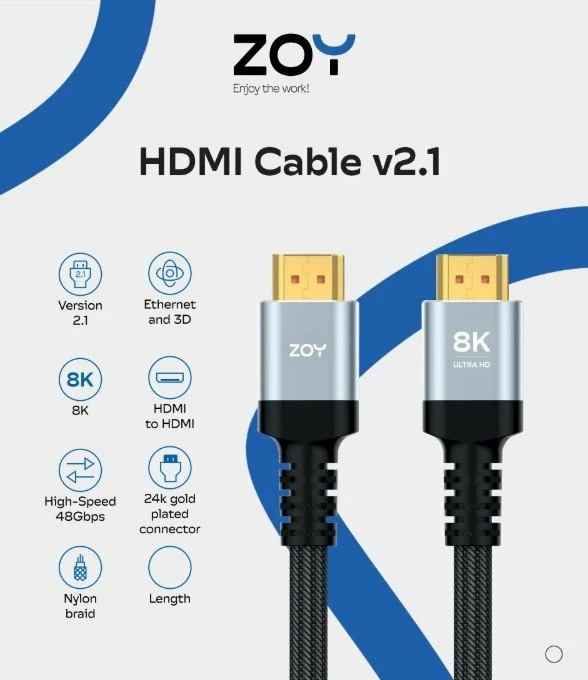 Kabllo HDMI ZOY ZCH3, 3m, HDMI 2.1, 8K 60Hz / 4K 120Hz, 48Gbps, e thurur nylon, konektorë të veshur me ar, e zezë