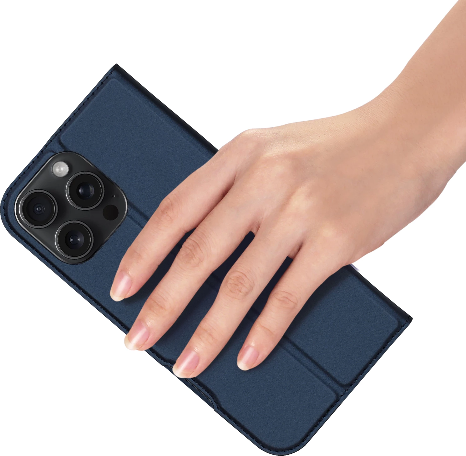 Mbështjellës Dux Ducis Skin Pro për iPhone 16 Pro Max, me kapak dhe xhep për kartela, kaltër