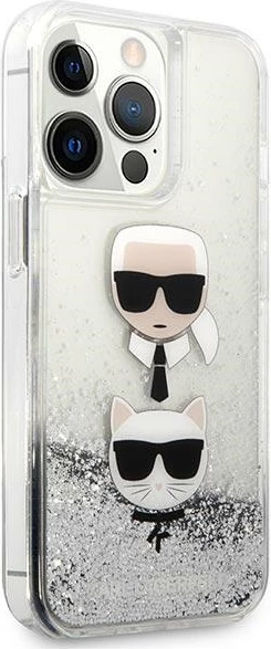 Mbështjellës Karl Lagerfeld KLHCP13XKICGLS për iPhone 13 Pro Max 6.7", hardcase, argjendtë, Liquid Glitter Karl & Choupette Head