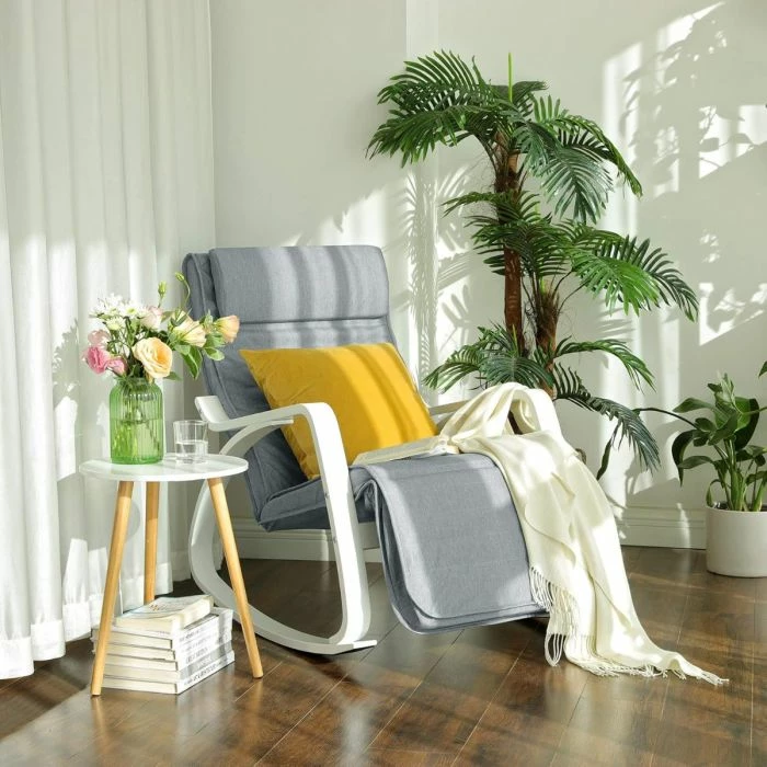 karrige lëkundëse SONGMICS LYY11WG, kornizë thupër, mbështetëse këmbësh e rregullueshme 5 pozicione, ngarkesë deri 150 kg, gri e çelët