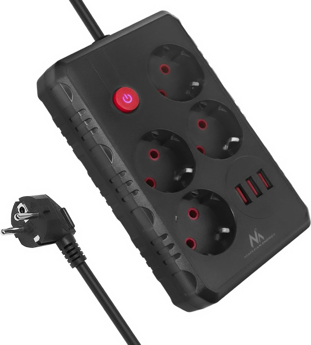 Prizë zgjatuese Maclean MCE392 B, 4x Schuko + 3x USB, 2500W, kabllo 1.5 m, e zezë