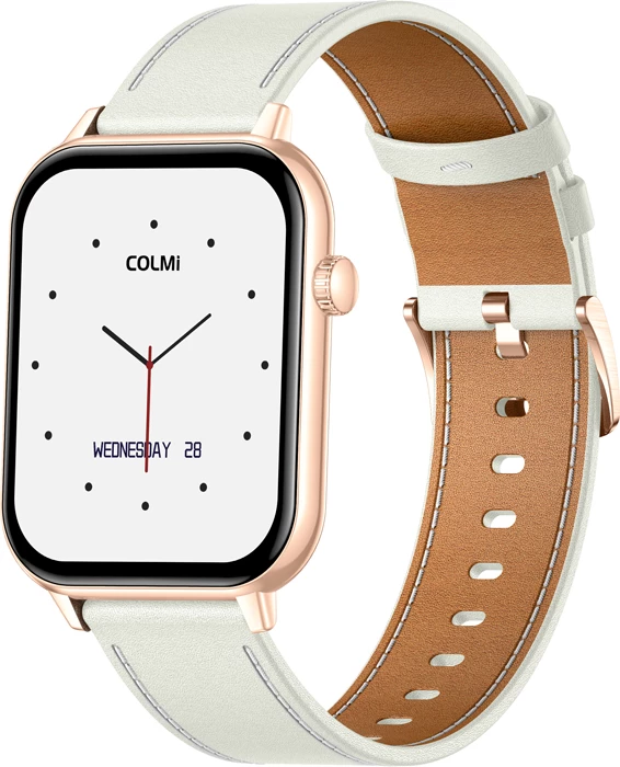 Smartwatch Colmi C28 AMOLED 1.93", Bluetooth thirrje, 230 mAh, ari me rrip lëkure të bardhë